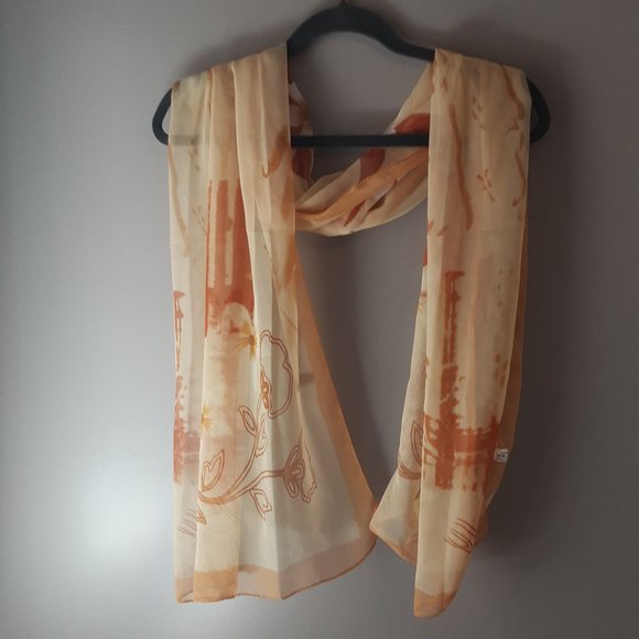 100% Silk Oblong Scarf Floral Yellow Gold Cream - Picture 2 of 12